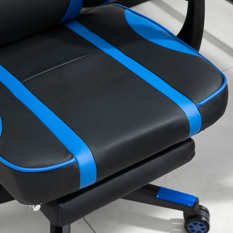Vinsetto High Back Gaming Chair, PU Leather Racing Style Gamer Computer Chair with Retractable Footrest with Lumbar Support, Pillow and Adjustable Padded Armrests, Blue