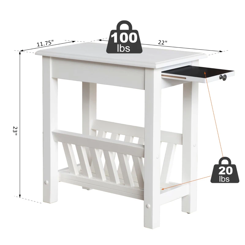HomCom Modern 2-Tier Acacia Wood End Table Side Desk with Cup Holder and Lower Shelf - White