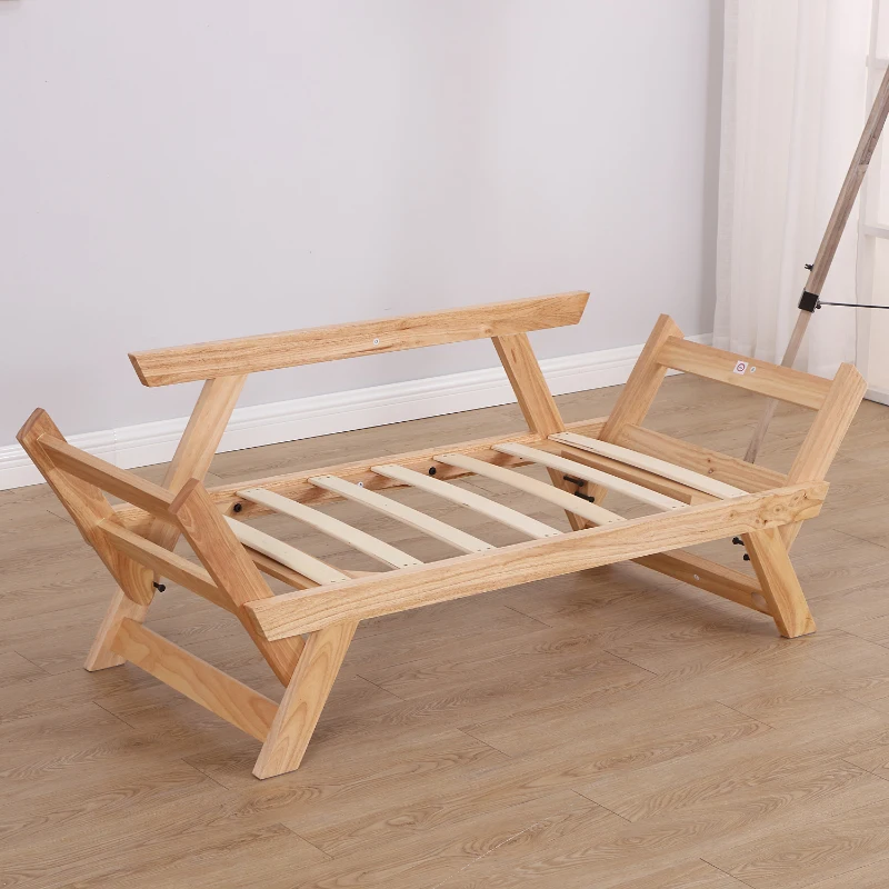 HomCom 3 Position Convertible Chaise Lounge Sofa Bed - Natural Wood/ Cream White