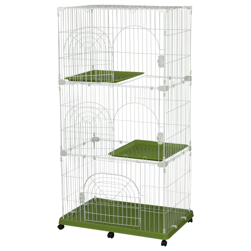 PawHut 70" 3-Level  Steel Wire Vertical Cat Condo Pet Cage - White/ Green