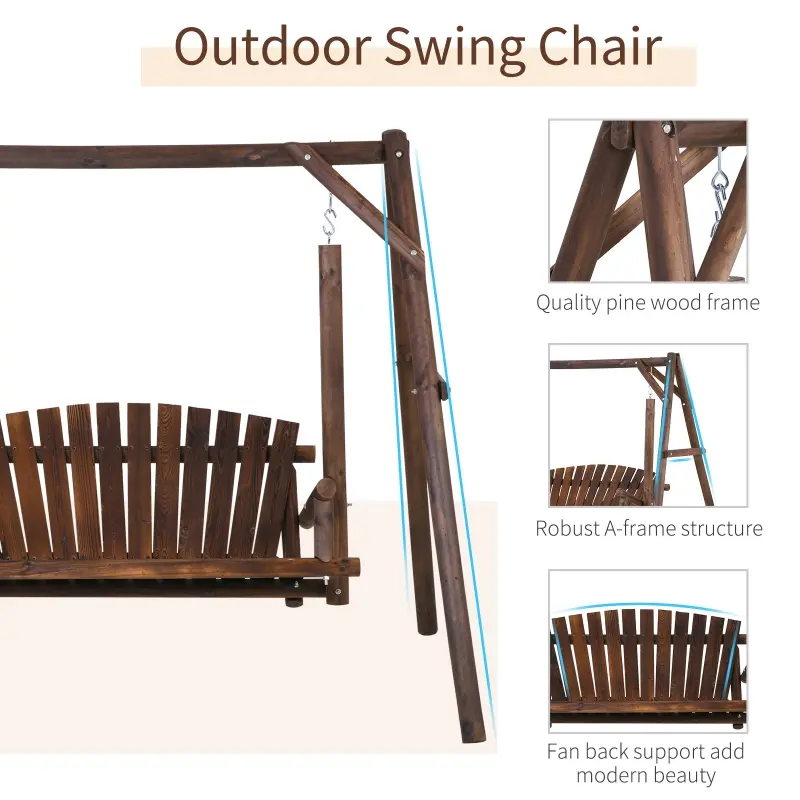 Outsunny 2-Seat Wooden Swing Bench, Ergonomic Design, 'A' Frame Construction, Stable and Non-Slip, Solid Wood Frame Log Garden Swing, for Outdoor and Indoor, Brown