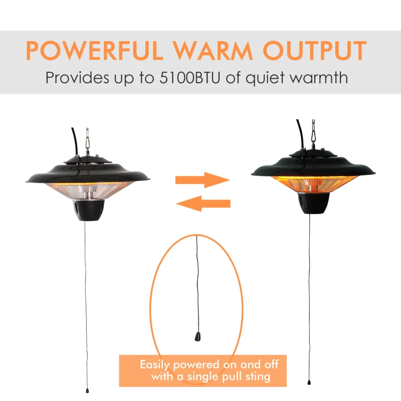 Outsunny 1500W Patio Gazebo Ceiling Mounted Patio Heater String Control with Light - Black
