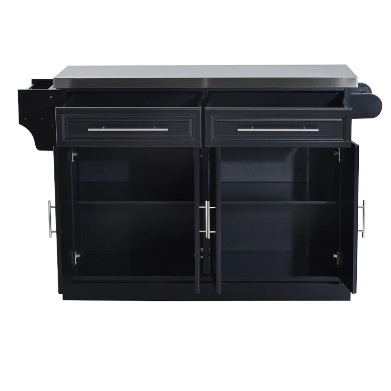 HOMCOM Rolling Kitchen Island with Storage, Portable Kitchen Cart with Stainless Steel Top, 2 Drawers, Spice, Knife and Towel Rack and Cabinets, Black