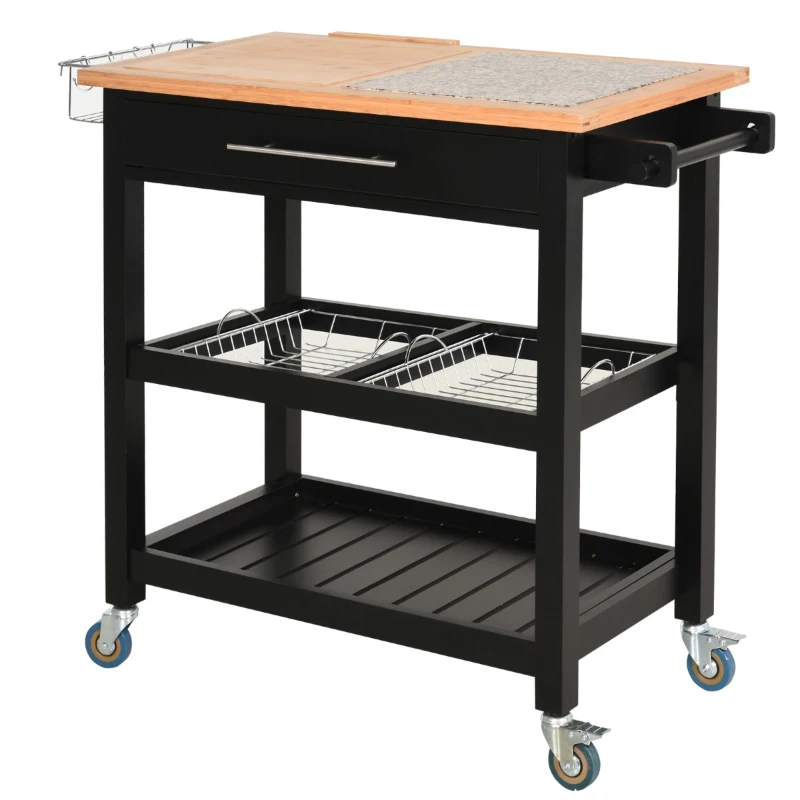HOMCOM Rolling Mobile Kitchen Island Cart with Granite & Bamboo Countertop, Knife Rack, Integrated Spice Rack & Storage Drawer