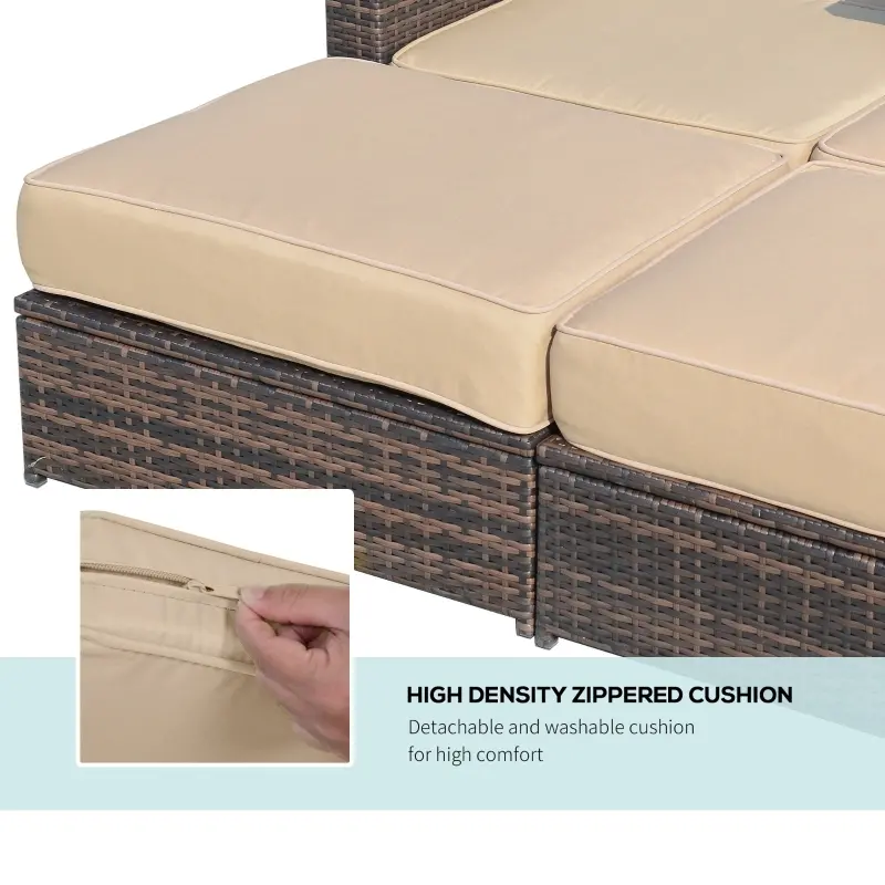 Outsunny Outdoor Patio Loveseat Set, 3 Piece PE Wicker Furniture with 2 Seats, Built-in Table, 2 Ottoman Storage Bins, All-Weather Reclining Lounge, Cushions, Brown