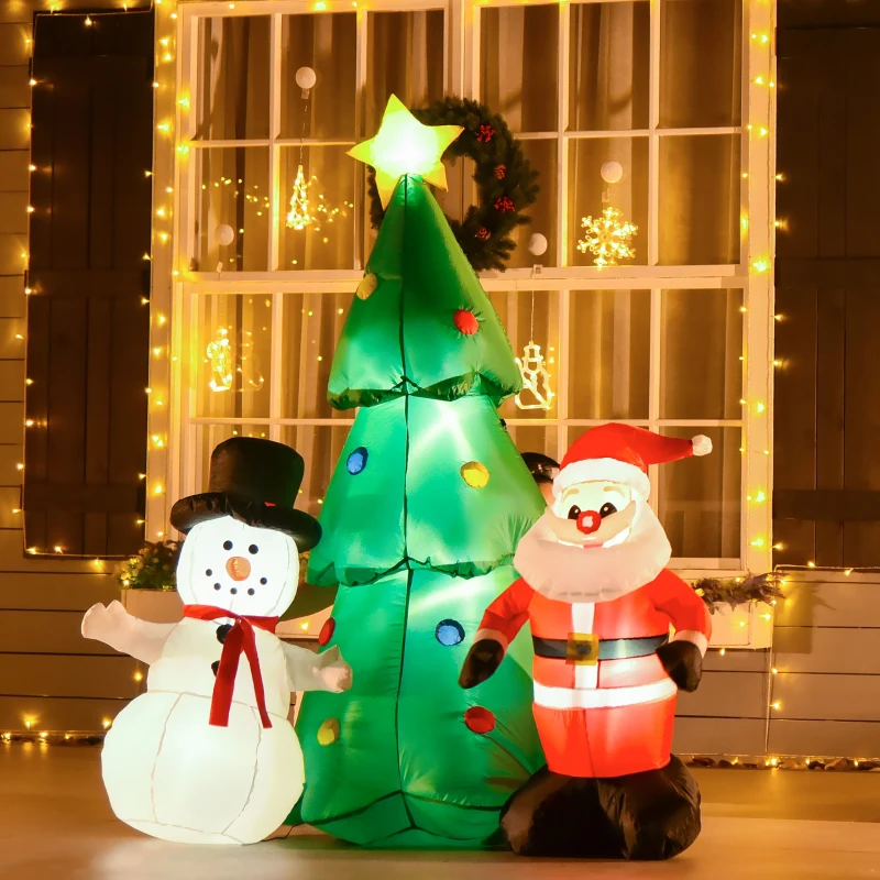 HOMCOM 6ft Christmas Inflatable Santa Claus and Snowman with Christmas Tree, Outdoor Blow-Up Yard Decoration with LED Lights Display