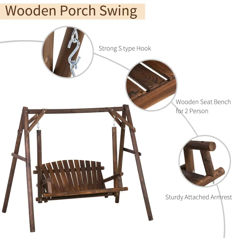 Outsunny 2-Seat Wooden Swing Bench, Ergonomic Design, 'A' Frame Construction, Stable and Non-Slip, Solid Wood Frame Log Garden Swing, for Outdoor and Indoor, Brown