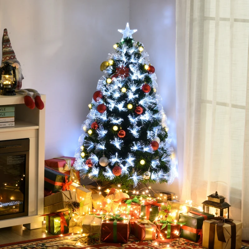 HOMCOM 4ft Tall Pre-Lit Douglas Fir Artificial Christmas Tree with Fiber Optic Ball LED Lights and 130 Tips, Green