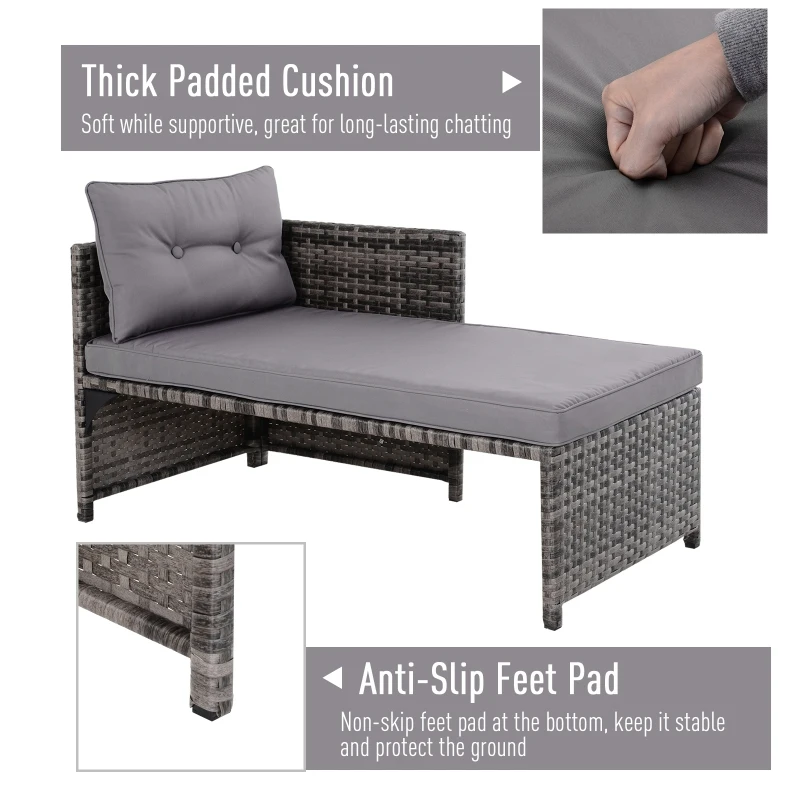 Outsunny 3 Piece Patio Furniture Set, Rattan Outdoor Sofa Set with Chaise Lounge & Loveseat, Soft Cushions, Tempered Glass Table, L-Shaped Sectional Couch, Gray