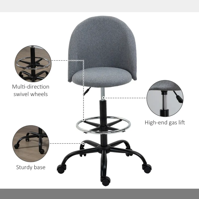 Vinsetto Ergonomic Rolling Drafting Chair for Standing Desk, Linen Office Stool with Adjustable Foot Ring and Steel Base
