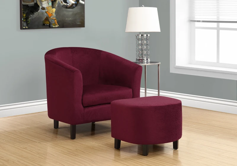 Monarch Curved Back Floral Velvet Accent Barrel Tub Chair with Matching Ottoman - Dark Red