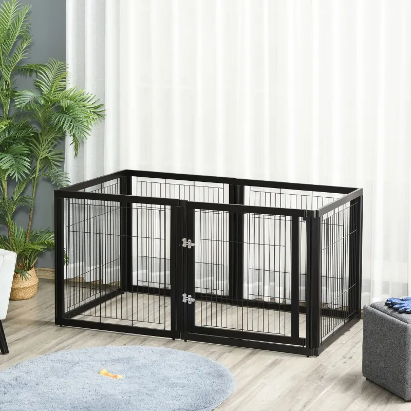 PawHut Transformable Pet Playpen 6 Freestanding Panels Gate Fireplace Christmas Tree Fence Stair Barrier Room Divider with Walk Through Door Wooden Frame Metal Mesh Black 63'' x 54.5'' x 31.5''
