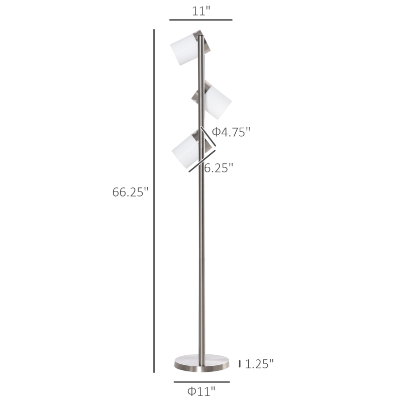 HOMCOM Floor Lamp, Modern Standing Light with 3 Rotating Lights for Living Room, Bedroom, Office, Silver