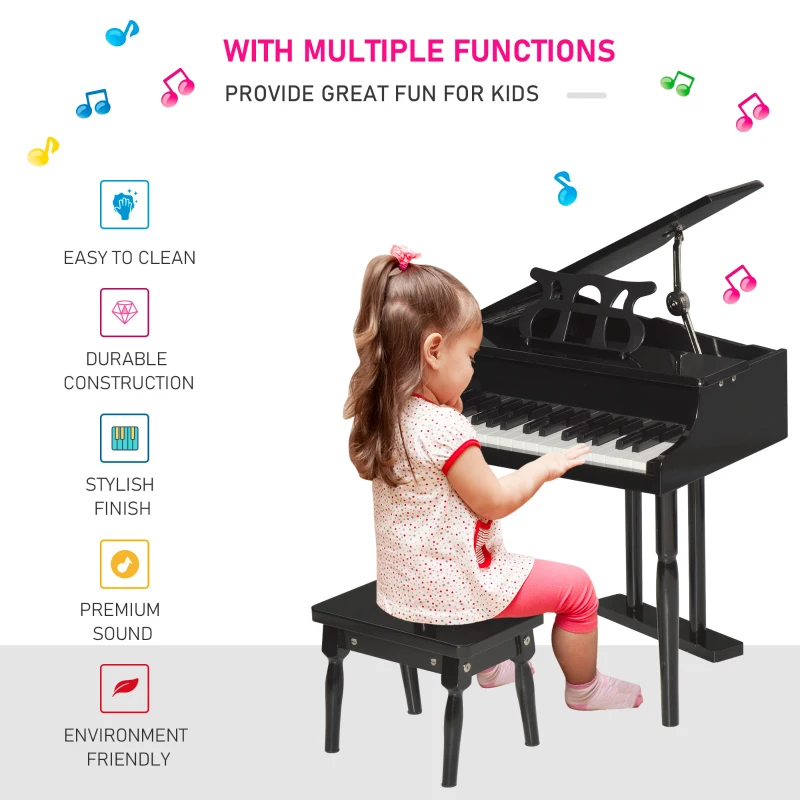 HOMCOM Modern Kids Piano 30 Keys Set of 2 Mini Toy for Child Grand Piano with Music Stand and Bench - Black