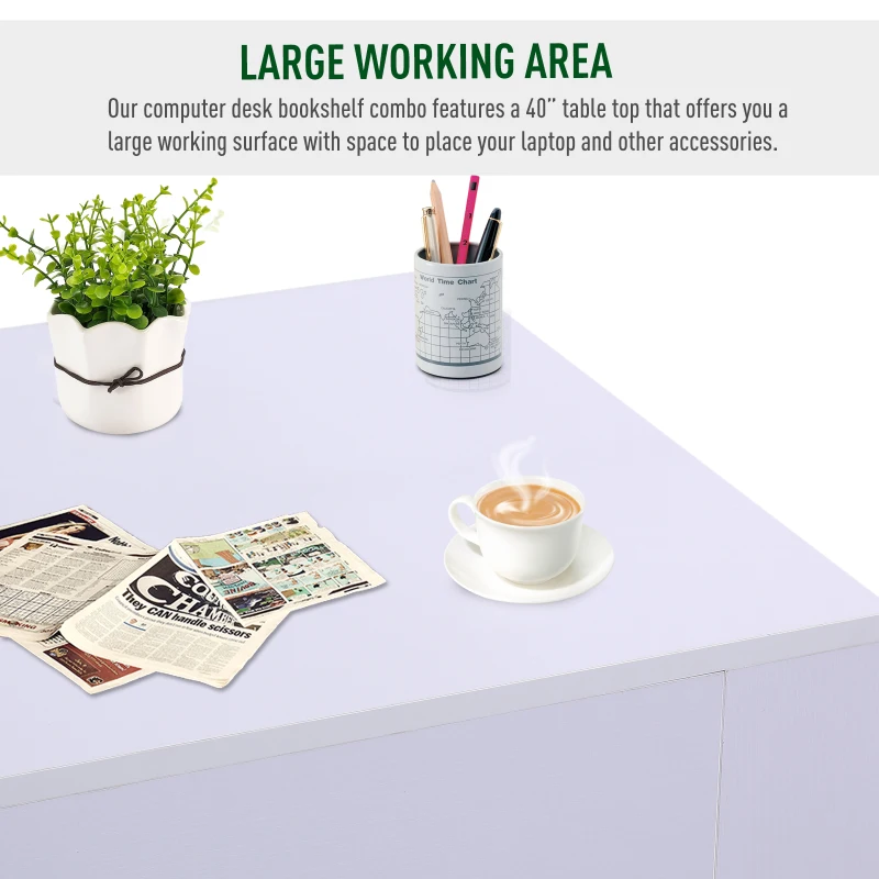 HomCom 40" Space Saving Modern Home Office Computer Desk Bookshelf Combo - White