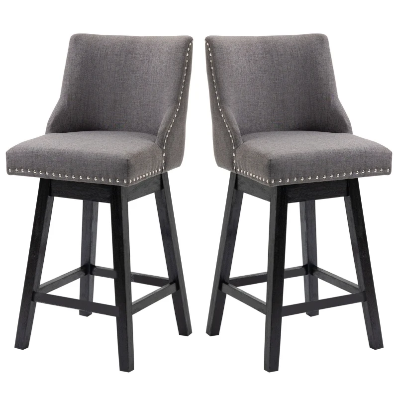 HOMCOM 28" Swivel Bar Height Bar Stools Set of 2, Armless PU Leather Upholstered Barstools Chairs with Nailhead Trim and Wood Legs, Dark Grey