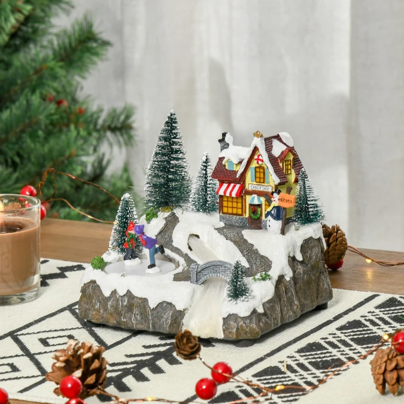 HOMCOM Christmas Village, Rotating Skating Pond Animated Winter Wonderland Set with Multicolored LED Light, Music, Fiber Optic, Battery-Operated Christmas Decoration