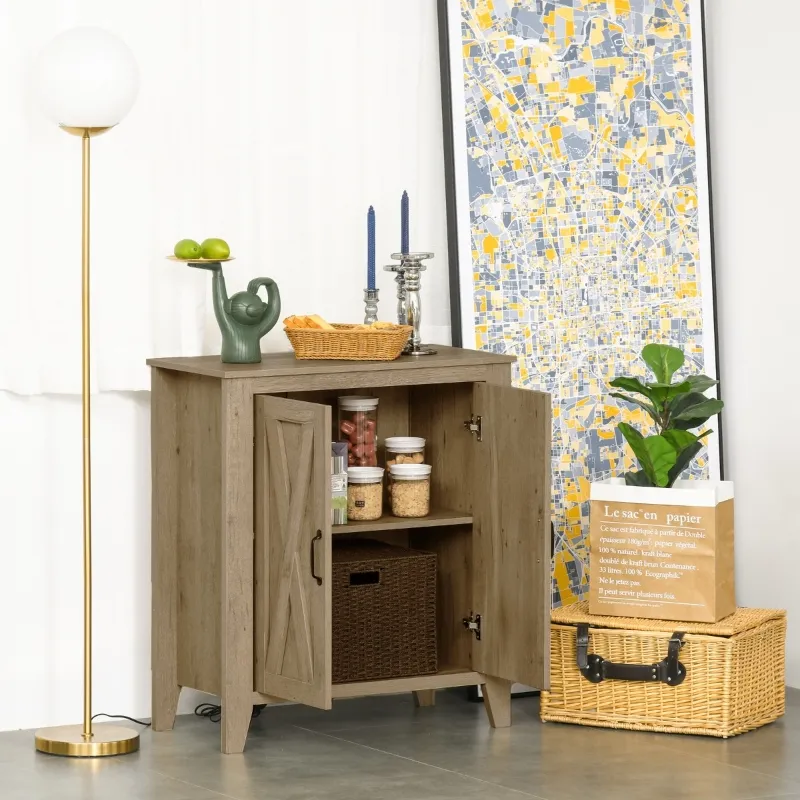 HOMCOM Rustic Farmhouse Sideboard, Accent Buffet Cabinet with Double Barn Doors and Fixed Shelf, Oak Finish