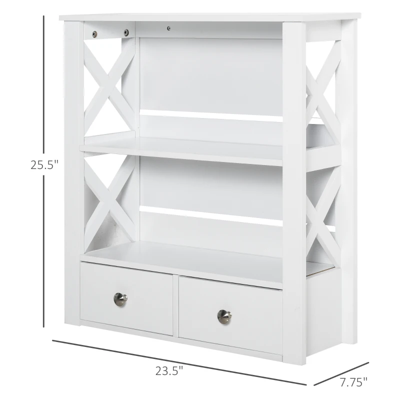 kleankin Wall Mount Bathroom Storage Rack with Open Shelves and Drawer Wooden Cabinet Organizer for Bathroom - White