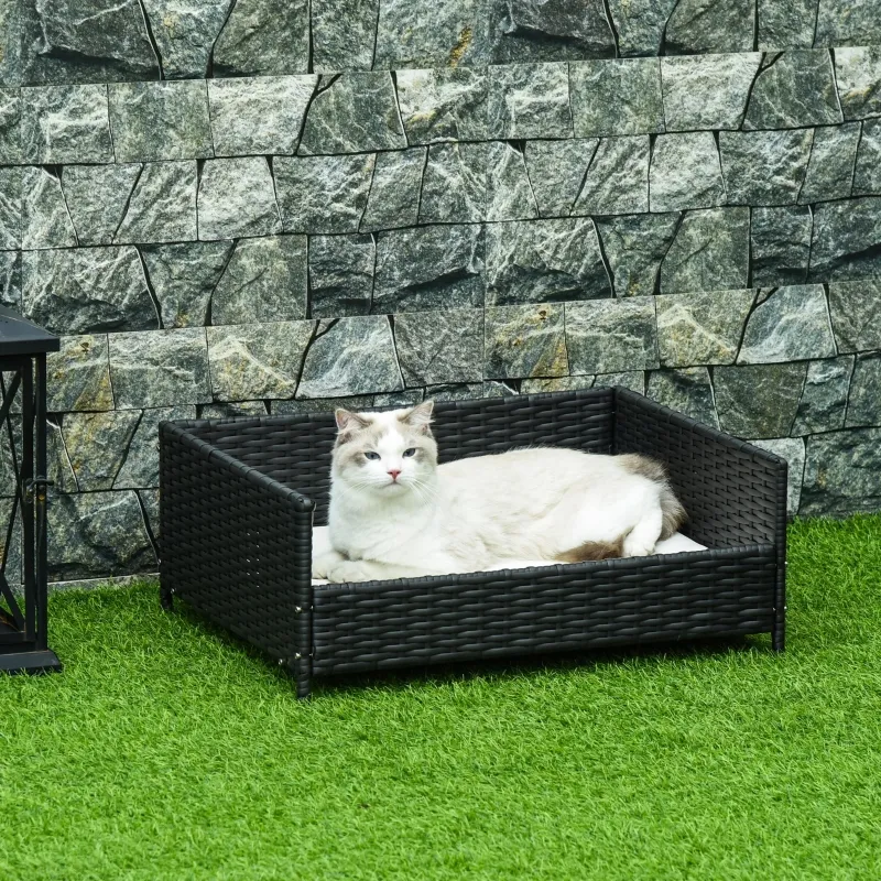 PawHut Rattan Pet Bed Raised Wicker Dog House Small animal Sofa Indoor & Outdoor with Soft Washable Cushion Black