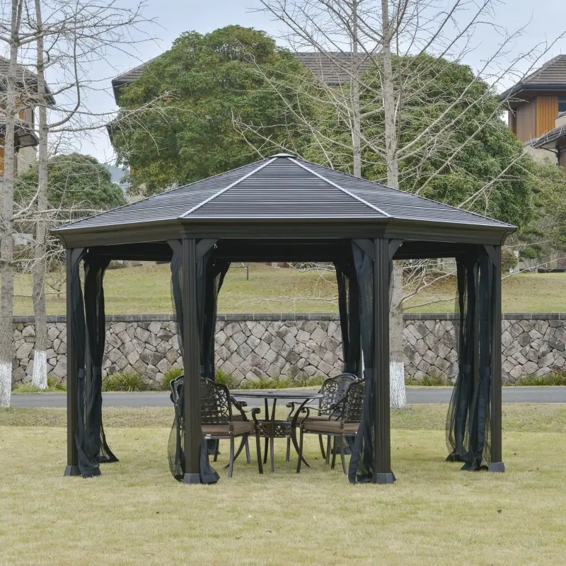 Outsunny 15' x 15' Octagon Hardtop Gazebo with Galvanized Steel Roof, Aluminum Frame, Permanent Pavilion Outdoor Gazebo Canopy with Netting for, Patio, Garden, Backyard, Deck, Lawn, Black