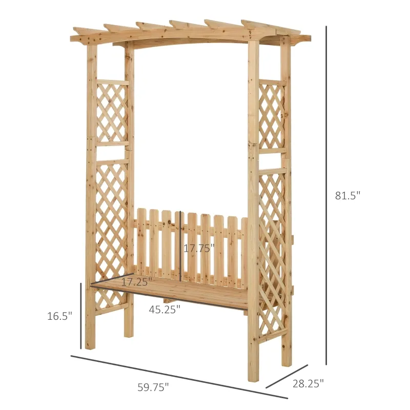 Outsunny Outdoor Garden Bench Arch Pergola with Natural Fir Wood Build, Protective Varnish, & 2 Person Ergonomic Bench