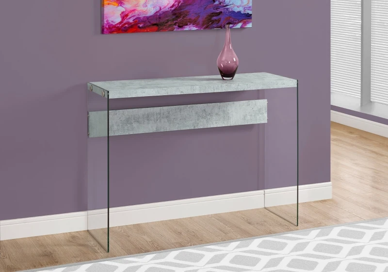 Monarch 44" Contemporary Tempered Glass Base Accent Hall Console Sofa Table - Grey Cement-Look Top Finish