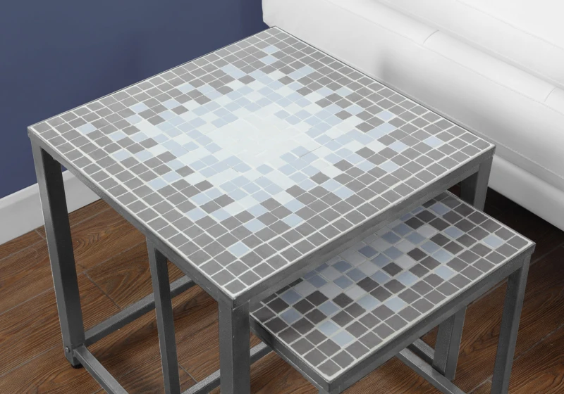 Monarch 2-Piece Modern Mosaic Tile Top Hammered Silver Metal Frame Nesting Accent Side End Table Set - Grey / Blue Tile Finish