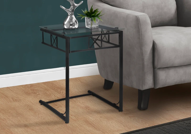 Monarch 24" Contemporary Tempered Glass Top Metal Frame C-Shaped Side Accent Table - Black Finish