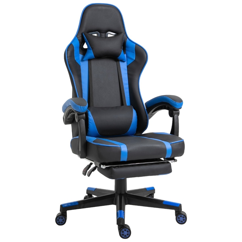 Vinsetto Office Gaming Chair Leather Covered Racing Style Reclining Back and Adjustable Height with Lumbar Support and Extensible Footrest - Blue