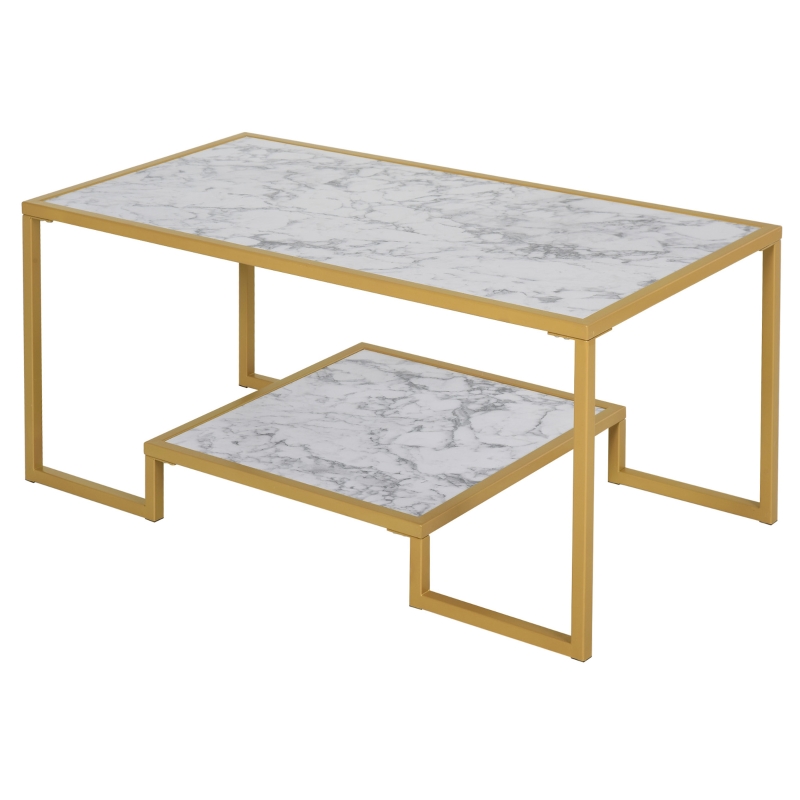HOMCOM Minimalist Art Deco Coffee Table with Laminate Marble Print Table Top & Underneath Storage Shelf, White & Gold