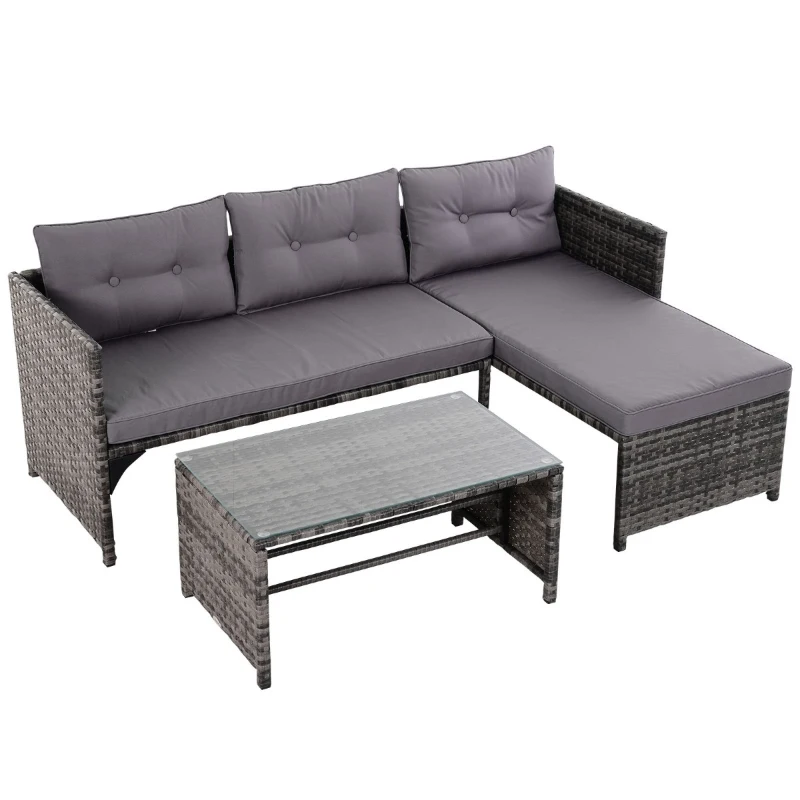 Outsunny 3 Piece Patio Furniture Set, Rattan Outdoor Sofa Set with Chaise Lounge & Loveseat, Soft Cushions, Tempered Glass Table, L-Shaped Sectional Couch, Gray