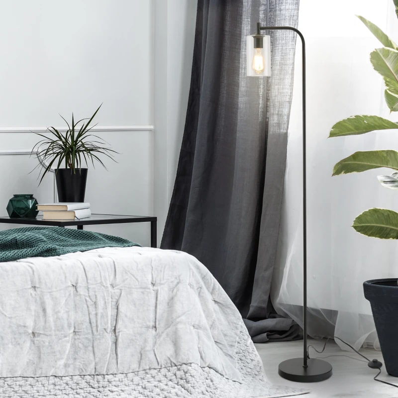 HOMCOM Modern Stylish Tall Pole Floor Lamp, Land Light with Metal Base, Cylindrical Shaped Glass Shade, Black