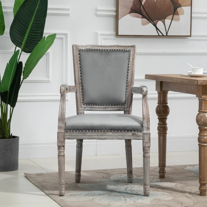 HOMCOM Vintage Dining Chair with High Back, Thick Sponge Padded Seat and Section Armrest with Wood Frame, Gray