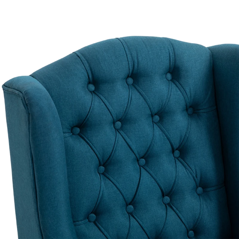 HOMCOM Linen Fabric Button Tufted Wingback Accent Chair with Thick Padded Cushioned Seats and Wooden Legs for Living Room and Bedroom, Dark Blue