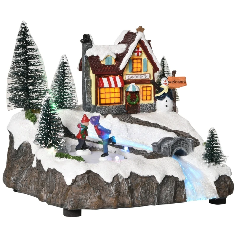 HOMCOM Christmas Village, Rotating Skating Pond Animated Winter Wonderland Set with Multicolored LED Light, Music, Fiber Optic, Battery-Operated Christmas Decoration