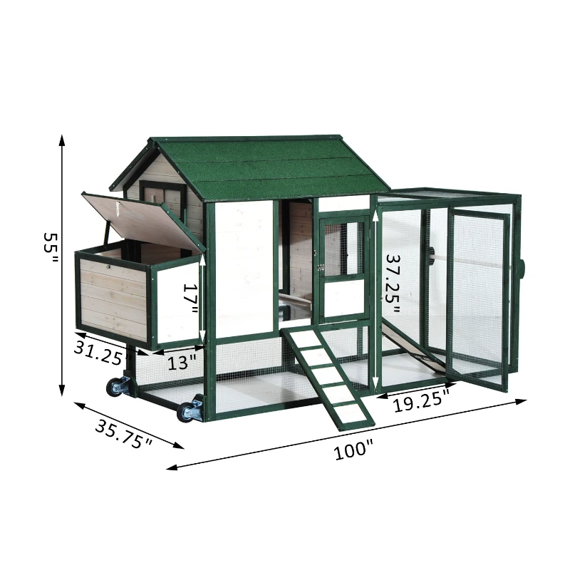 PawHut 100" Portable Wooden Chicken Coop Kit With Wheels, Run And Nesting Box 