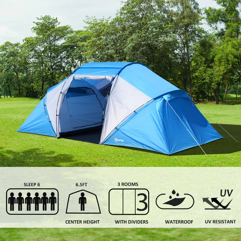Outsunny 15' x 7.5' Taffeta/ Fiberglass 4-6 Person Lightweight Portable Outdoor Camping Tent with Carry Bag Spacious - Blue/White