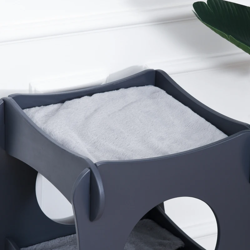 Pawhut Multi-level Wooden Cat House Kitten Bed Furniture with Removable Soft Cushion for Rest, Dark Grey