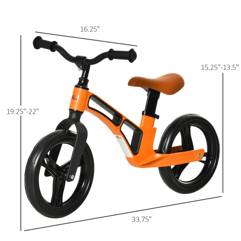 Qaba Kids Balance Bike Lightweight Toddler Bike with Adjustable Seat and Handlebar, No Pedal Magnesium Alloy Bicycle with Footrest for 2-5 Years Orange
