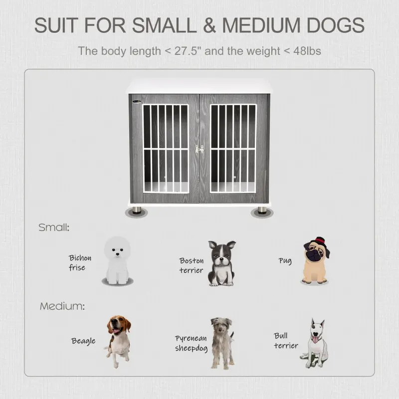 PawHut 34'' 2-in-1 Wooden Dog Kennel, Modern Wire Animal Crate, Pet Cage with Lockable Door and Adjustable Foot Pads, for Small and Medium Dogs, Grey and White