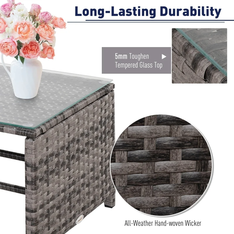 Outsunny 3 Piece Patio Furniture Set, Rattan Outdoor Sofa Set with Chaise Lounge & Loveseat, Soft Cushions, Tempered Glass Table, L-Shaped Sectional Couch, Gray