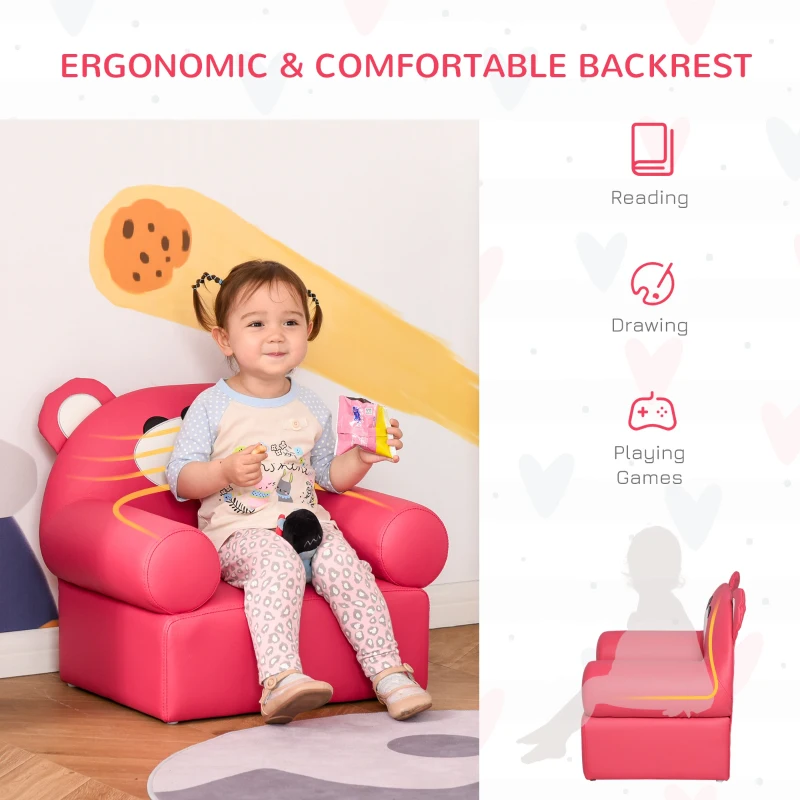 Qaba Mini Kids Sofa with Bear Design and Ergonomic Backrest, Small & Lightweight Armchair for Art, Homework, & Reading, with Easy to Clean Surface, Rose Red