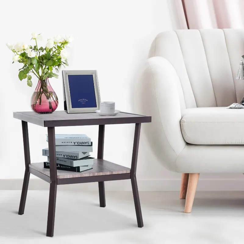 HomCom Rustic Industrial Minimal Two Tier Wooden Accent End Table - Light Brown Woodgrain