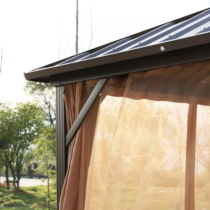Outsunny 10' x 12' Hardtop Gazebo with Curtains and Netting, Permanent Pavilion Metal Roof Gazebo Canopy with Aluminum Frame and Top Hook, for Garden, Patio, Deck, Backyard, Brown