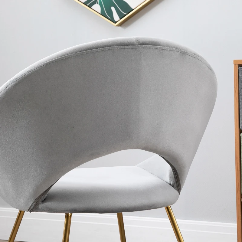 HOMCOM Modern Accent Velvet Chair Open Curved Mid-Back Upholstered Vanity Chair with Gold Plating Metal Legs for Living Room/Office/Reception Grey