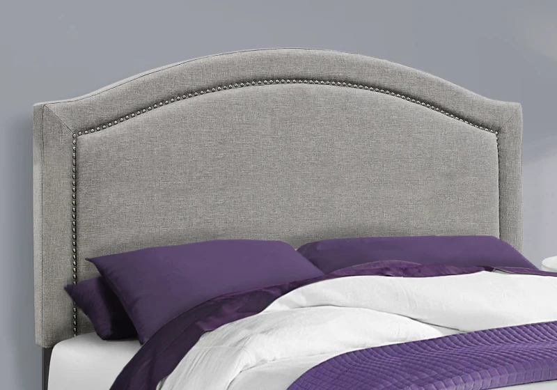 Monarch Full Size Contemporary Upholstered Bed Frame with Chrome Nail Head Trim and Wood Legs - Grey Linen Look