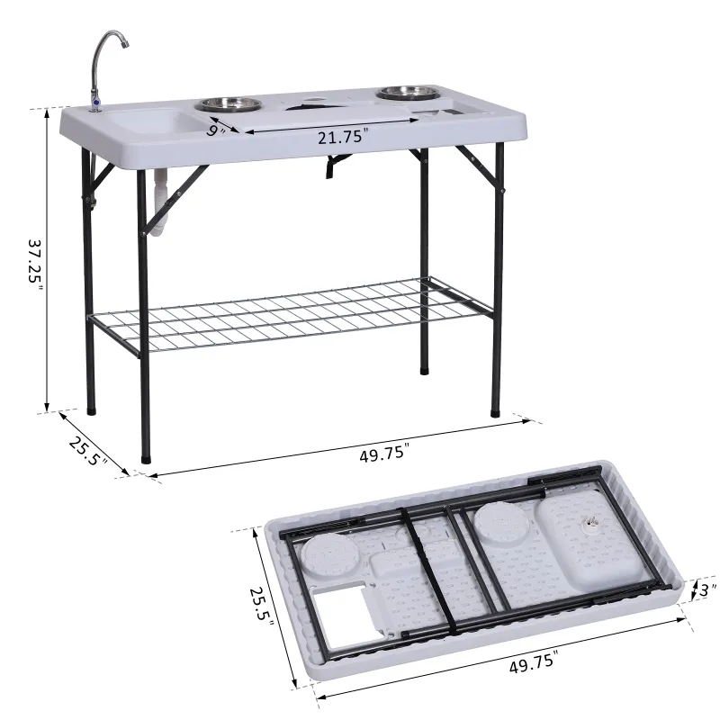Outsunny 50" Portable Folding Camping Table with Sink, Faucet, Dual Stainless Steel Basins, and Accessories for Fish Cleaning