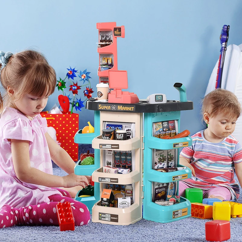 Qaba Kids Supermarket with Shopping Cart Play Set Toys with Working Scanner & Credit Card Reader for 3 to 6 Years - Green