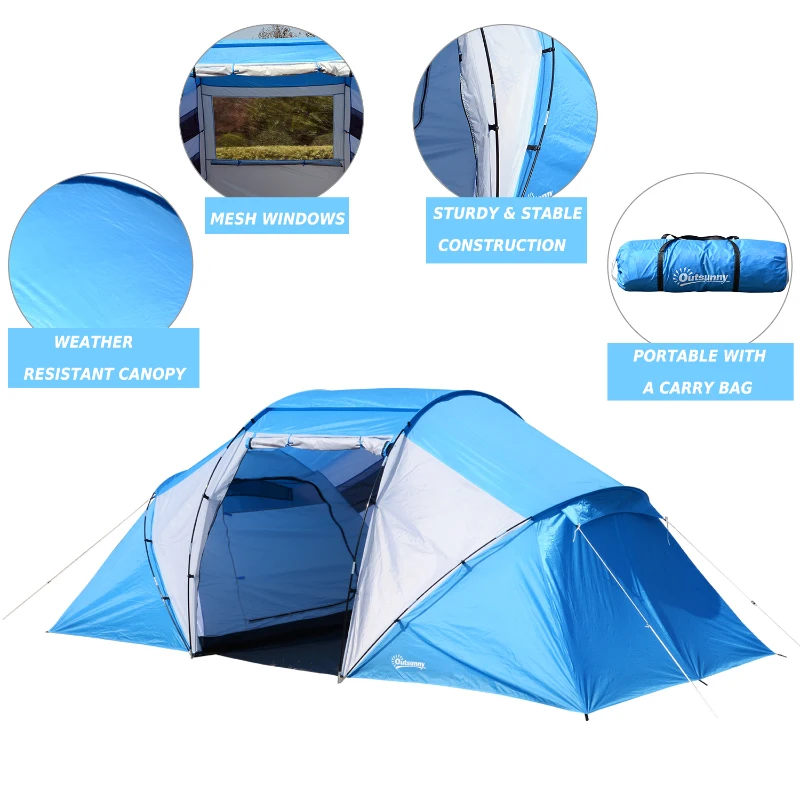 Outsunny 15' x 7.5' Taffeta/ Fiberglass 4-6 Person Lightweight Portable Outdoor Camping Tent with Carry Bag Spacious - Blue/White